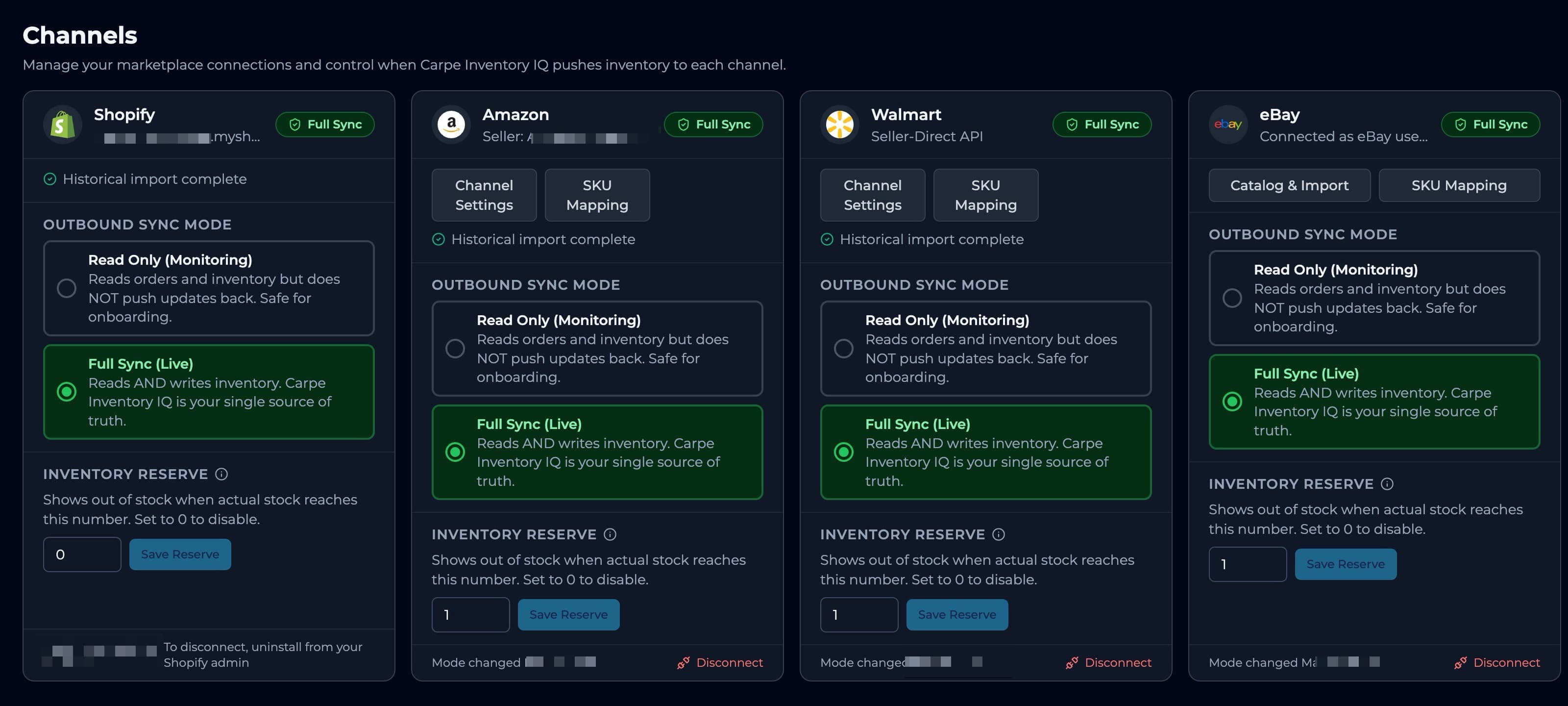 Channels settings page showing Shopify on Full Sync, Walmart in Read Only mode with per-channel inventory reserve, eBay connected, and Amazon ready to connect