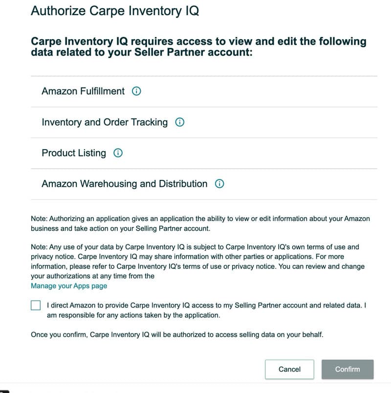 Amazon Seller Central authorization screen for Carpe Inventory IQ
