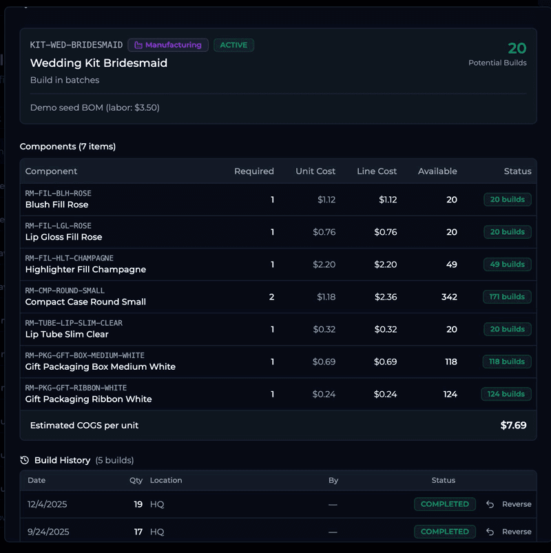 Bill of Materials builder with component list