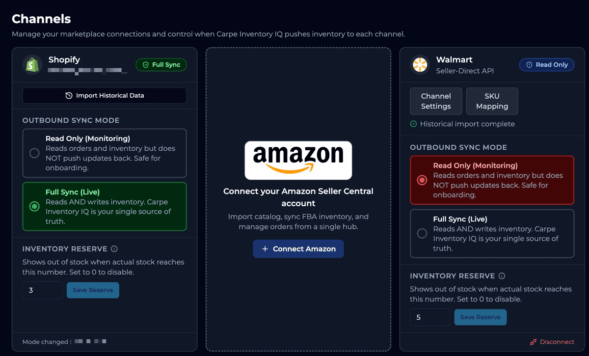 Channels settings page showing Shopify on Full Sync, Amazon not yet connected, and Walmart in Read Only mode with per-channel inventory reserve