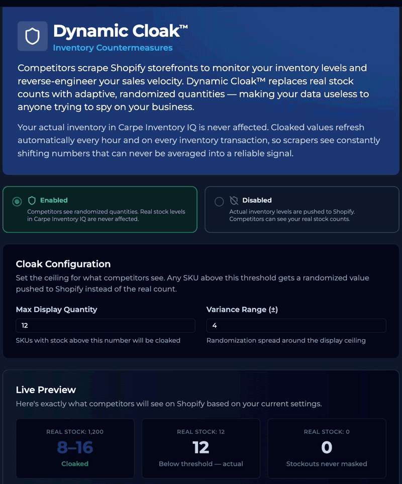 Dynamic Cloak configuration panel