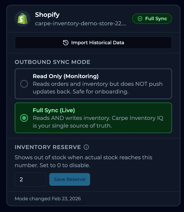Inventory Reserve settings panel