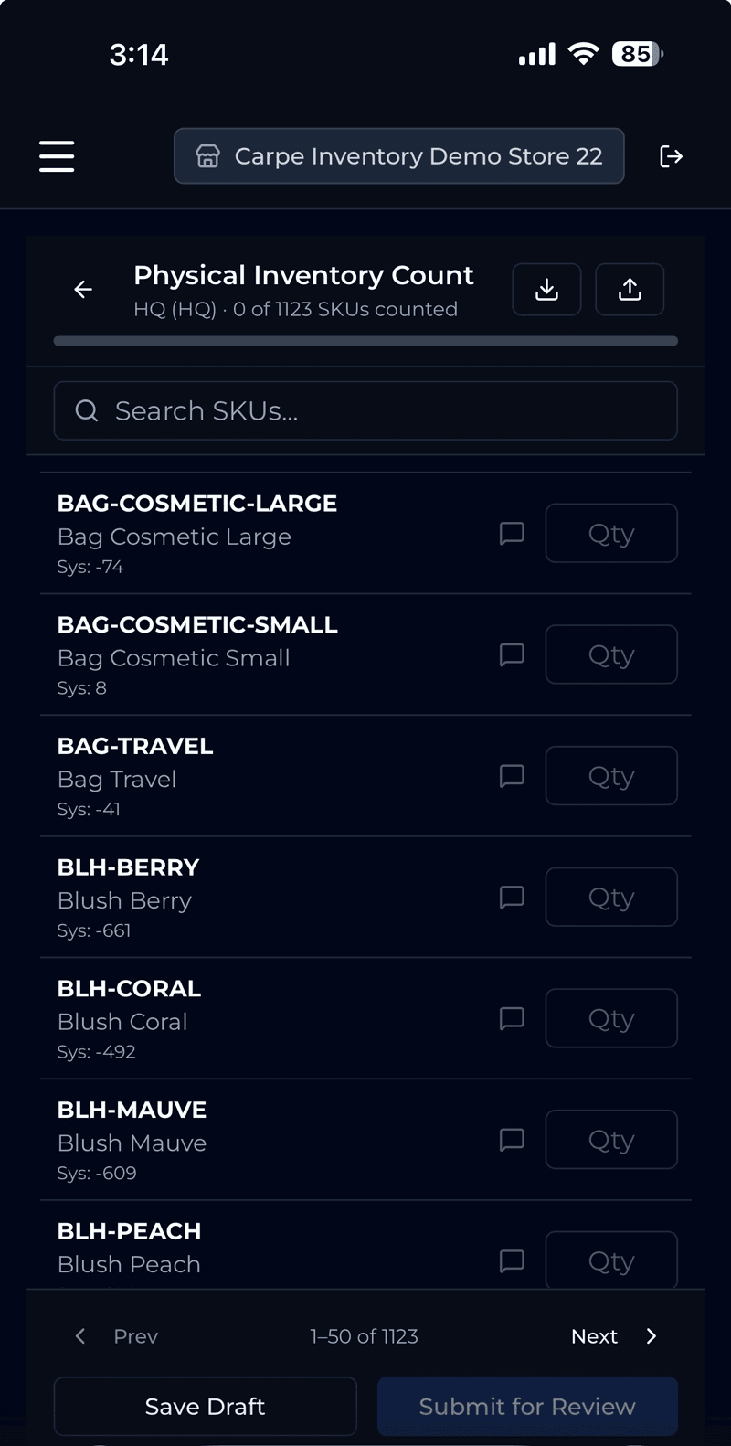 Mobile physical count interface