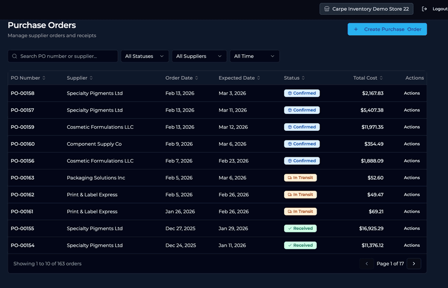 Purchase order with reorder suggestions