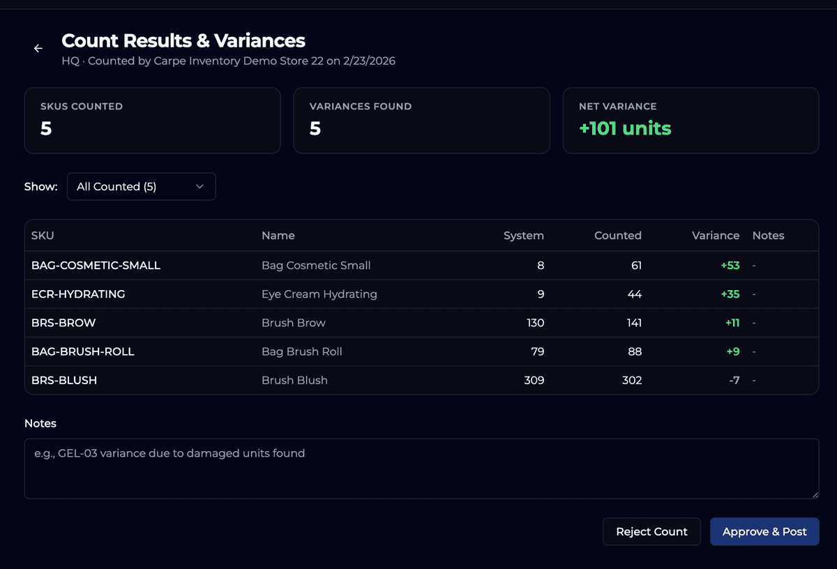 Count inventory results showing system vs counted quantities with variance highlighting and approve/reject actions